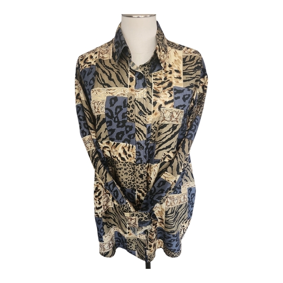 k arnold Tops - Vintage K. Arnold 100% Silk Animal Print Button-Up Shirt – Size M, Safari Jungle